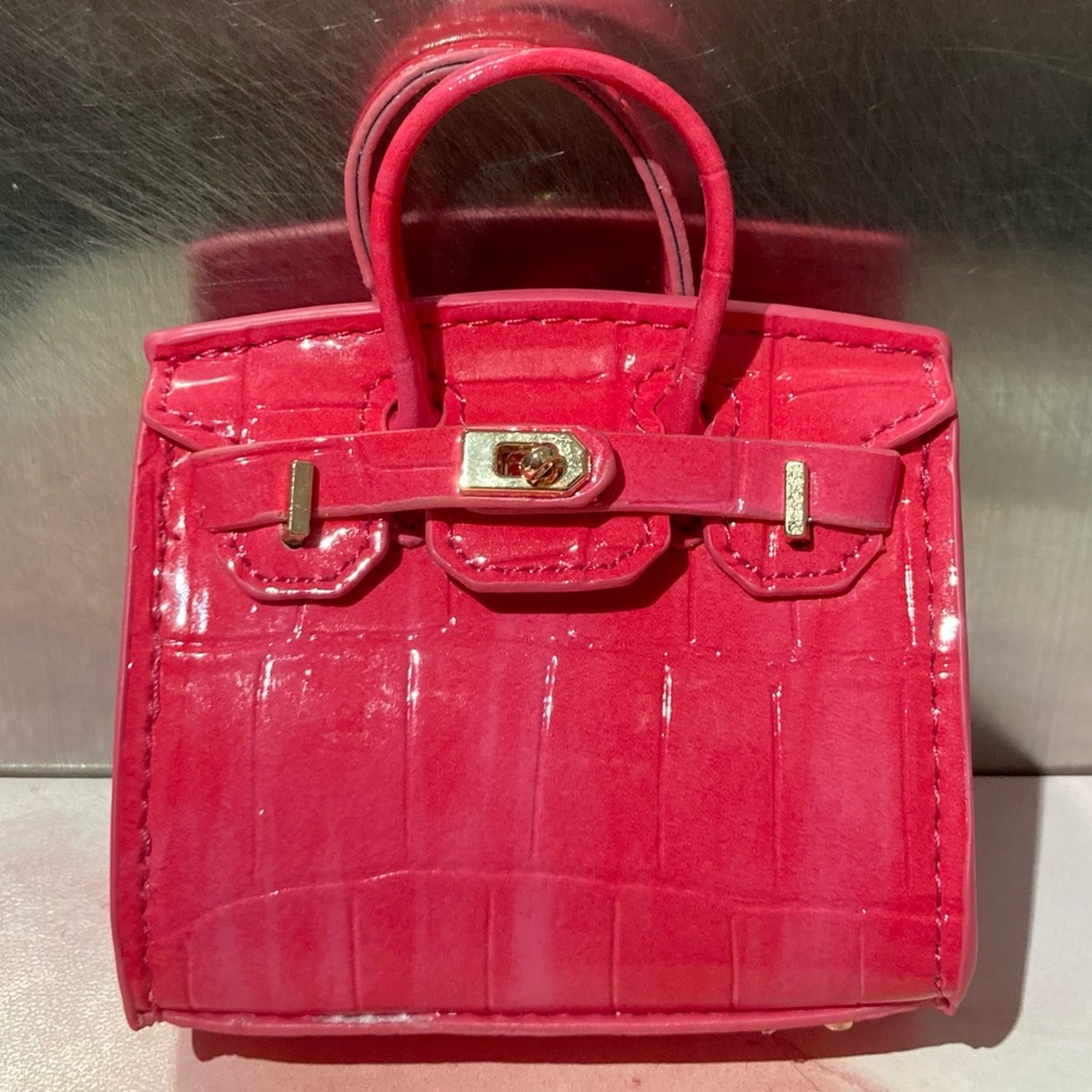 👜Handmade Mini Fuchsia Crocodile Pattern Birkin AirPods Tote Bag Charm Miniature